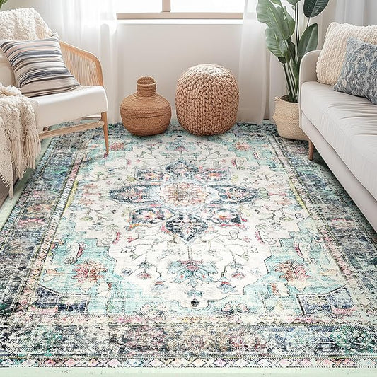 BESTSWEETIE 5x7 Area Rug Washable Rugs for Living Room, No Pile Boho Carpet for Entryway Bedroom Dinning Room, Vintage Carpet Print Distressed Non-Slip, 5 x 7 ft, Multi Navy Teal