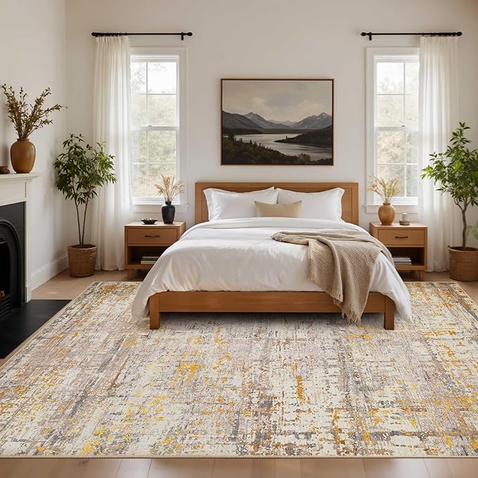 Rugxara Area Rugs 8x10,Large Soft Rugs for Living Room, Washable, Modern Neutral Abstract Rugs for Bedroom Dining Room, Non-Slip Foldable Thin Indoor Carpet Stain Resistant(Beige Gold)