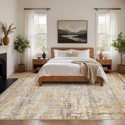 Rugxara Area Rugs 8x10,Large Soft Rugs for Living Room, Washable, Modern Neutral Abstract Rugs for Bedroom Dining Room, Non-Slip Foldable Thin Indoor Carpet Stain Resistant(Beige Gold)