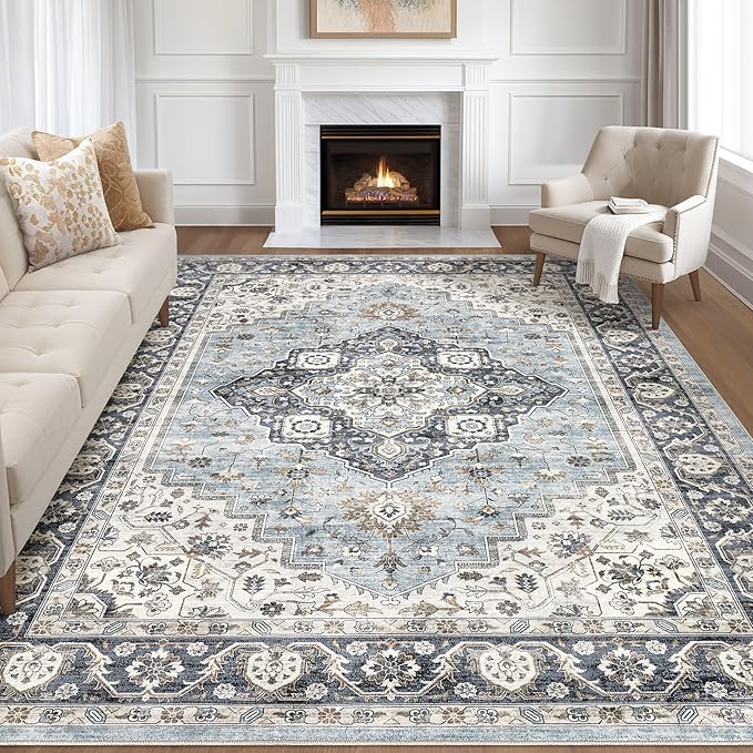 7x10 Area Rug Living Room: Washable Boho Large Neutral Vintage Soft Rug Stain Resistant Farmhouse Non-Slip Indoor Floor Carpet for Bedroom Nursery Kids Office Dining Room Home House- Blue Tan