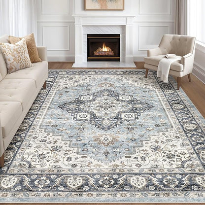 7x10 Area Rug Living Room: Washable Boho Large Neutral Vintage Soft Rug Stain Resistant Farmhouse Non-Slip Indoor Floor Carpet for Bedroom Nursery Kids Office Dining Room Home House- Blue Tan