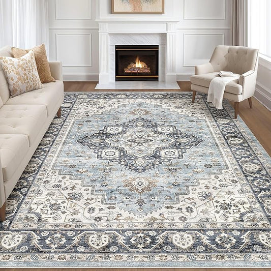 7x10 Area Rug Living Room: Washable Boho Large Neutral Vintage Soft Rug Stain Resistant Farmhouse Non-Slip Indoor Floor Carpet for Bedroom Nursery Kids Office Dining Room Home House- Blue Tan