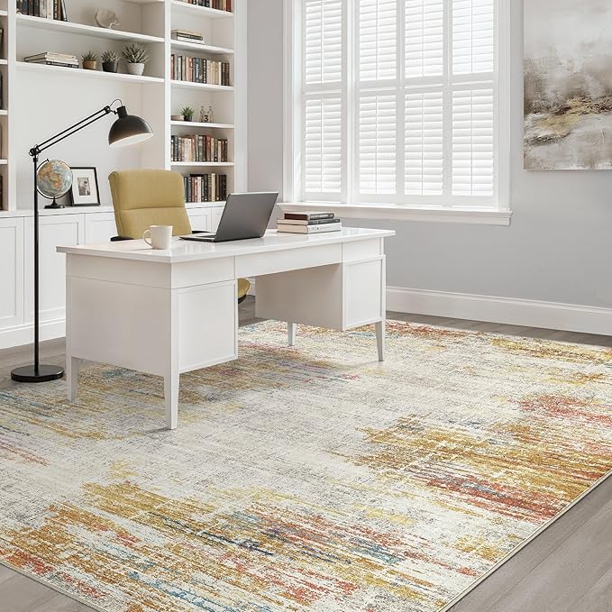 9x12 Area Rugs Living Room: Washable Large Neutral Rug Abstract Soft Modern Stain Resistant Indoor Floor Non-Slip Carpet for Bedroom Nursery Kids Classroom Playroom Dining Room Office- Gold Colorful