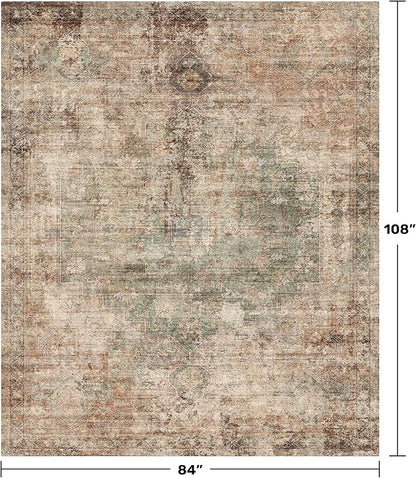 Green Brown Area Rug for Living Room – Washable 7x9 Rustic Farmhouse Carpet for Dining Room, Bedroom Under Bed, Non-Slip with Rubber Backing & Stain Resistant, Rust Taupe Faded Print Decor