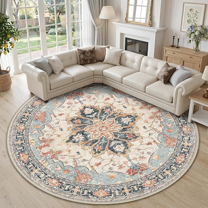 RELEANY Area Rugs Round 10ft Washable Non-Slip, Floral Vintage Distress Print Pattern Medallion Carpet for Living Room Bedroom Dining Room, Beige Navy Blue Orange Colorful