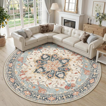 RELEANY Area Rugs Round 10ft Washable Non-Slip, Floral Vintage Distress Print Pattern Medallion Carpet for Living Room Bedroom Dining Room, Beige Navy Blue Orange Colorful