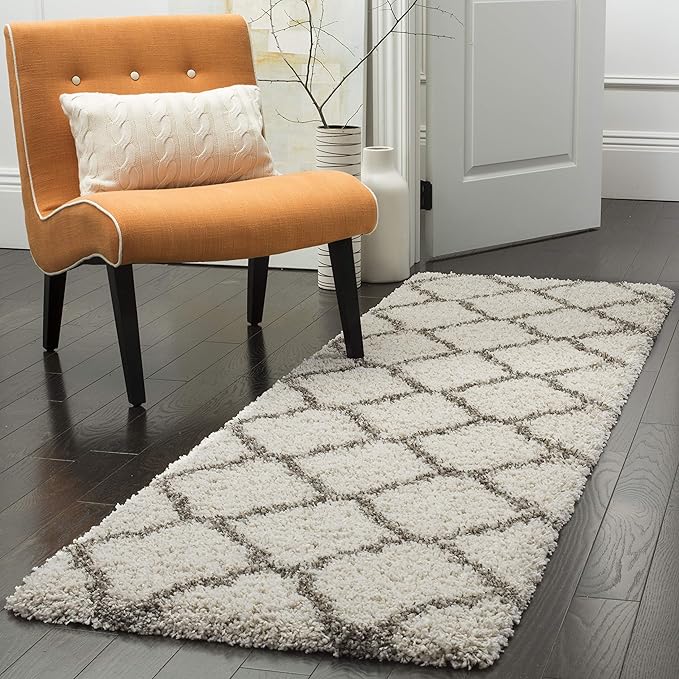 SAFAVIEH Hudson Shag Collection Runner Rug - 2'3" x 14', Ivory & Grey, Moroccan Trellis Design, Non-Shedding & Easy Care, 2-inch Thick Ideal for High Traffic Areas in Living Room, Bedroom (SGH283A)
