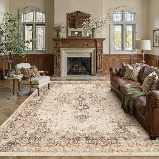 PureCozy Brown 6x9 Area Rug Washable Vintage Living Room Carpet Non Slip Retro Distressed Low Pile Soft Oriental Medallion Thin Large Throw Rug for Office Bedroom Dining Room Playroom