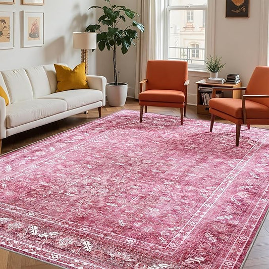 OPPODREAM Vintage Hot Pink Area Rugs 5x7, 5 x 7 Retro Washable Rug Non Slip, Low-Pile Faux Wool Carpet, Distressed Floor Mat for Living Room, Bedroom, Kitchen, Office, Dorm, Dinning Room