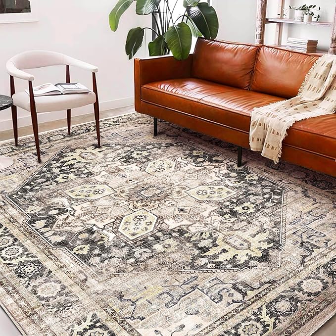 CHAMPLANT Washable Area Rug 10'x14' Black-Purple Khaki Retro Flowers Boho Design Non-Shedding Easy Care Ideal for High Traffic Areas in Living Room Bedroom Office Coffee Table Kitchen Large Carpet
