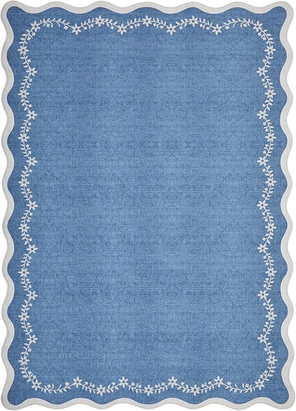 GarveeHome 3x5 Scalloped Washable Area Rug for Bedroom,Soft Solid Navy Entryway Rug Non Slip Low Pile Carpet Stain Resistant Throw Rug for Bedside Kids Room Office Dining Room