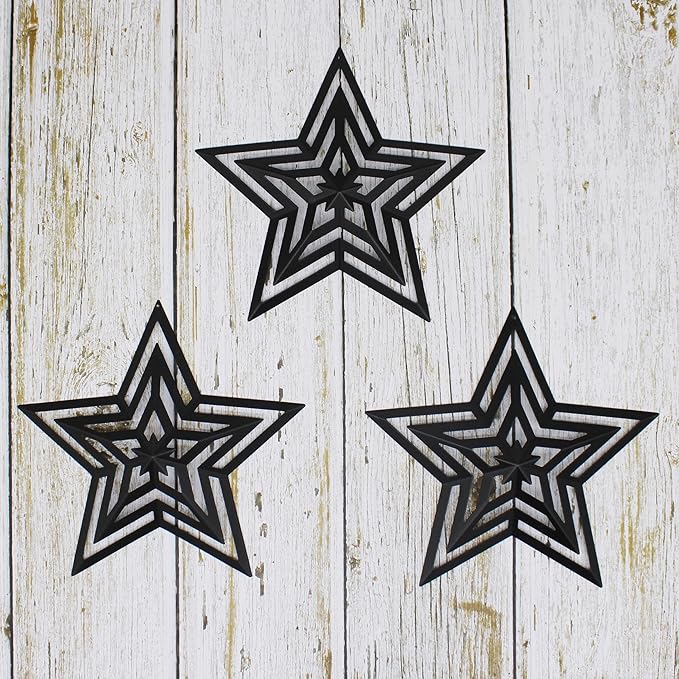 CVHOMEDECO. Primitives Rustic Antique Vintage Gifts Cut-Outs Metal Barn Star for Wall/Wreath/Door Decor, 8-Inch, Set of 3.(Black)