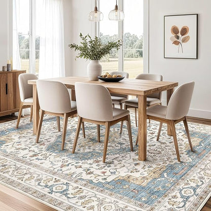 Area Rug for Living Room - 10x12 Soft Washable Oriental Vintage Floral Distressed Large Carpet - Fade Stain Resistant Non Slip Rugs for Bedroom Dining Room Nursery Dorm Office Home Decor - Blue/Beige