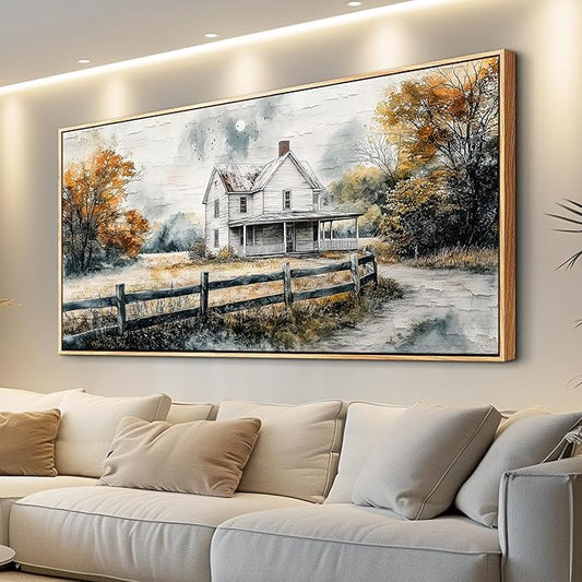 QIYILEXWART Wood Framed Canvas Wall Art For Living Room Large Wall Decor For Office Bedroom Decoration Farmhouse Watercolour Pictures White Hut Painting Artworks Room Ready To Hang