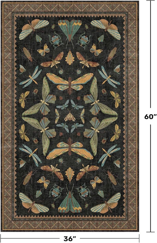 3x5 Entryway Rug Non Slip Washable - Black Throw Rug for Kitchen, Mudroom, Bedroom Bedside, Insect Boho Vintage Aesthetic Décor