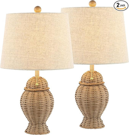 JONATHAN Y 20.5" Natural Wicker Table Lamp Set of 2, Bohemian Rustic Farmhouse Bedside Lamps for Living Room, Nightstand Desk Lamps with Beige Linen Shade, LED Bulbs Included JYL4041A-SET2