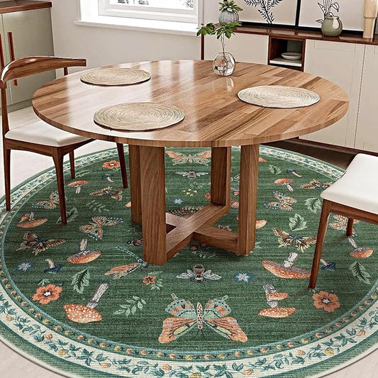 Mushroom Insect 7ft Round Rug Washable Non-Slip Soft Ultra-Thin Large Boho Circle Carpet for Entryway Kitchen Bedroom Nursery Dining Room Green