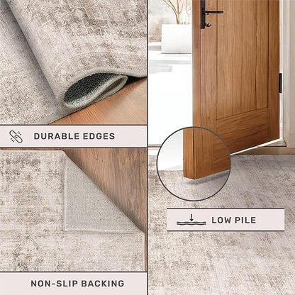 Hazo Haus 2x6 Washable Bathroom Runner Rug, Non Slip Low Pile Runner with Rubber Backing for Hallway, Kitchen and Entryway, Beige Tan Modern Farmhouse Home Decor