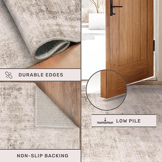 Hazo Haus Washable Non Slip Stain Resistant 2x5 Runner Rug for Bathroom, Kitchen, Laundry Room, Bedroom Beside Bed, Unique Tan Distressed Abstract Eclectic Runner Décor, Beige Brown