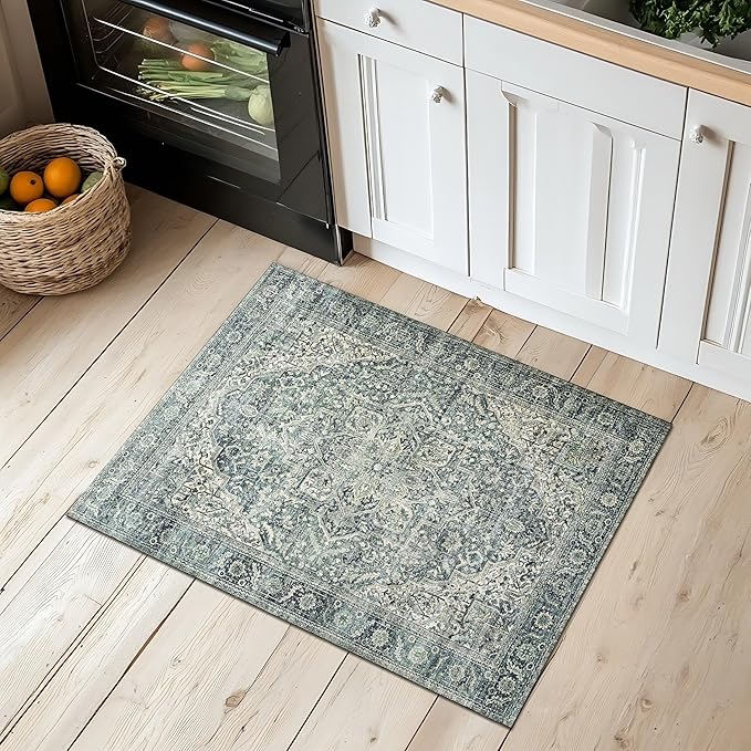 BILEEHOME Dark Emerald Green 2x3 Rug for Living Room,Vintage Floral Waterproof Non Slip Cool Area Rugs for Men Office Hardwood Floors Bedroom