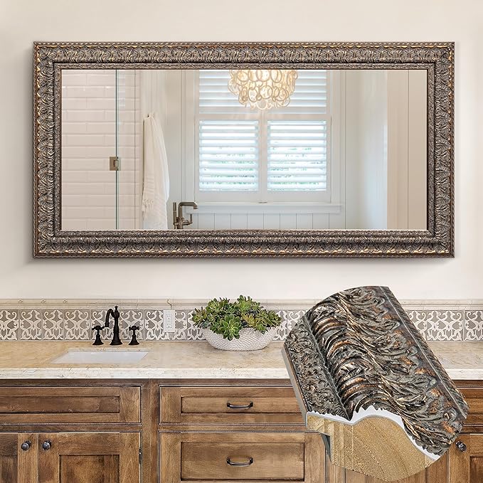 Chende Long Narrow Mirror for Decor, 48" L x 24" W Large Ornate Wall Mirror with Bronze Wood Leaf Frame, Rustic, Elegant Wooden Wall Decoration for Bathroom, Entrance, Fireplace