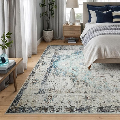 Bloom Rugs Washable Non-Slip 10x14 Rug - Beige/Blue Traditional Oriental Area Rug for Living Room, Bedroom, Dining Room, and Kitchen - Exact Size: 10' x 14'