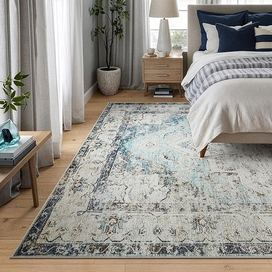 Bloom Rugs Washable Non-Slip 10x14 Rug - Beige/Blue Traditional Oriental Area Rug for Living Room, Bedroom, Dining Room, and Kitchen - Exact Size: 10' x 14'