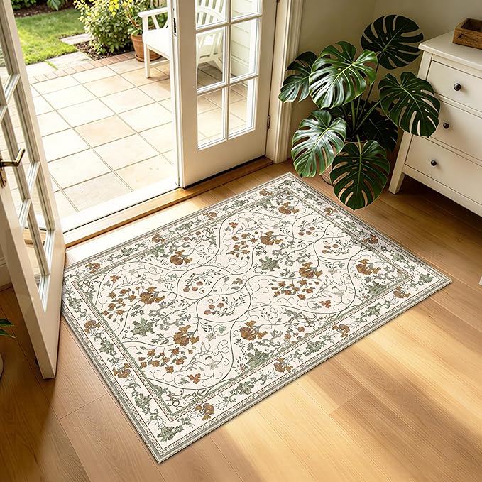 Floral 2x3 Washable Vintage Entryway Rug Non Slip Low Pile Small Rugs, Front Door Rugs for Entrance Kitchen Bedroom Laundry Bathroom,Beige White