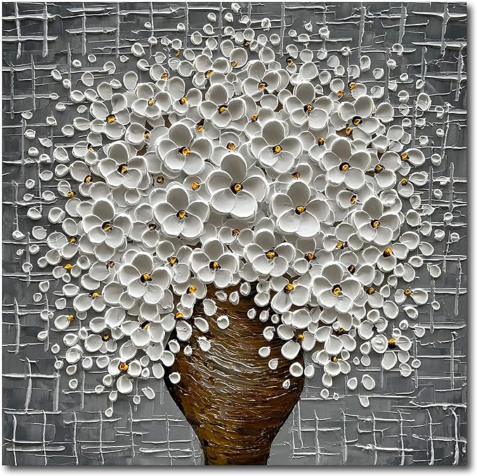 Epicler Hand-Painted 3D Abstract Modern Oil Painting Wall Art,24x24 Inch White Flower Painting, Flower Wall Art Painting,Living Room Bedroom Wall Decoration Oil Painting Ready to Hang