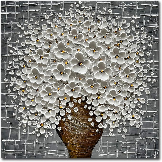 Epicler Hand-Painted 3D Abstract Modern Oil Painting Wall Art,24x24 Inch White Flower Painting, Flower Wall Art Painting,Living Room Bedroom Wall Decoration Oil Painting Ready to Hang