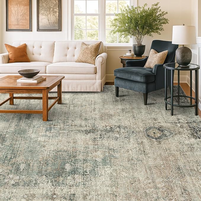 Hazo Haus Neutral Dark Rugs for Living Room - 6x9 Washable Rug for Dining Room Table, Bedroom Under Bed, Ultra-Thin Soft Textured Moss Green Indoor Decor