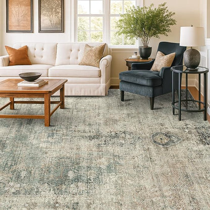 Hazo Haus Washable Moss Green 10x12 Area Rug for Living Room, Large Vintage Farmhouse Rug for Bedroom & Dining Room Under Table, Non-Slip Soft Low-Pile Stain Resistant