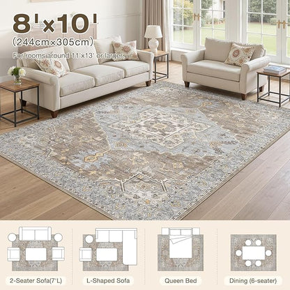 8x10 Washable Area Rugs for Living Room: Non Slip Vintage Brown Gray Rug, Large Soft Stain Resistant Indoor Floor Carpets for Bedroom Dining Room Nursery Home Office Kid & Pet Friendly