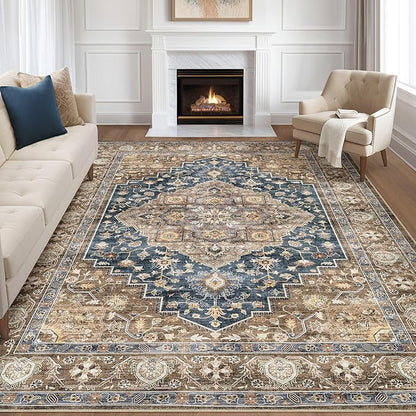 7x10 Area Rug Living Room: Washable Boho Large Neutral Vintage Soft Rugs Stain Resistant Farmhouse Non-Slip Indoor Floor Carpet for Bedroom Nursery Kids Office Dining Room Playroom- Yellow Blue
