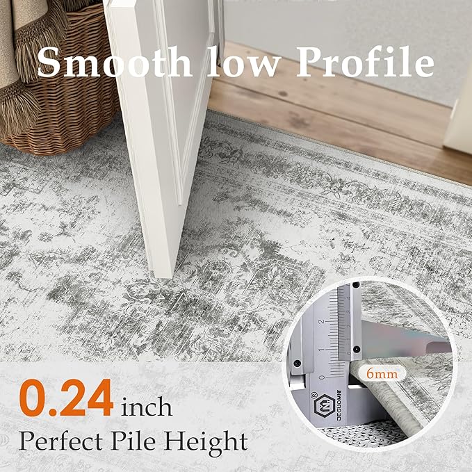 PureCozy Washable Rug 9x12 Area Rug for Living Room Gray Vintage Boho Medallion Large Grey Distressed Retro Carpet Non Slip Indoor Low Pile Small Soft Bedroom Dining Room Home Office