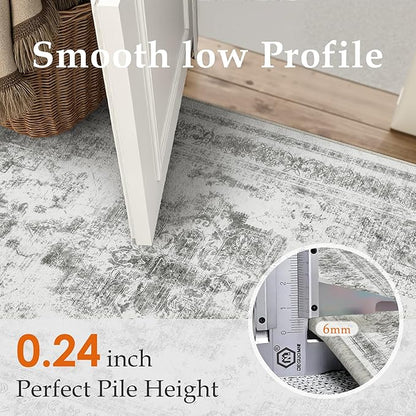 PureCozy Washable Rug 9x12 Area Rug for Living Room Gray Vintage Boho Medallion Large Grey Distressed Retro Carpet Non Slip Indoor Low Pile Small Soft Bedroom Dining Room Home Office