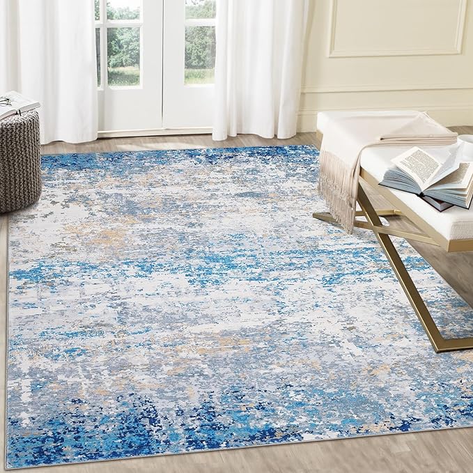 ROYHOME 4x6 Modern Abstract Rugs for Living Room Stain Resistant Carpet Ultra Soft Indoor Floor Cover Accent Rug Low Pile Thin Rug for Bedroom Dining Room, Blue/Grey