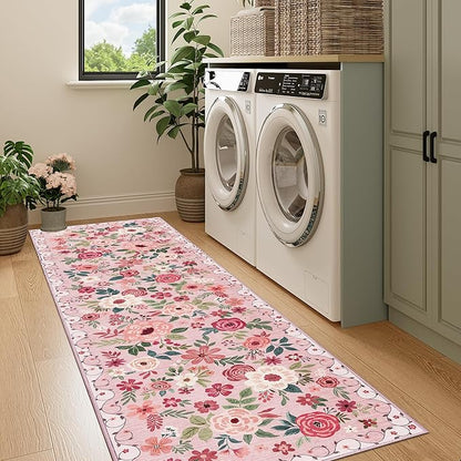DUKINO Runner Rug, 2x7 Boho Kitchen Rug for Hallways with Low Pile Design, Washable Non Slip Backing Soft Floral Runner for Kitchen, Hallway, Entryway, Bedroom, Laundry, Pink