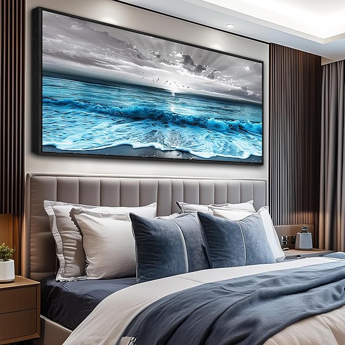 ERQINHUA Large Canvas Black Frame Wall Decor For Living Room Blue Sea Wave Ocean Painting Wall Art For Bedroom Office Dining room Decorations Beach Artworks Wall Pictures Modern Home Decor 32x72 In