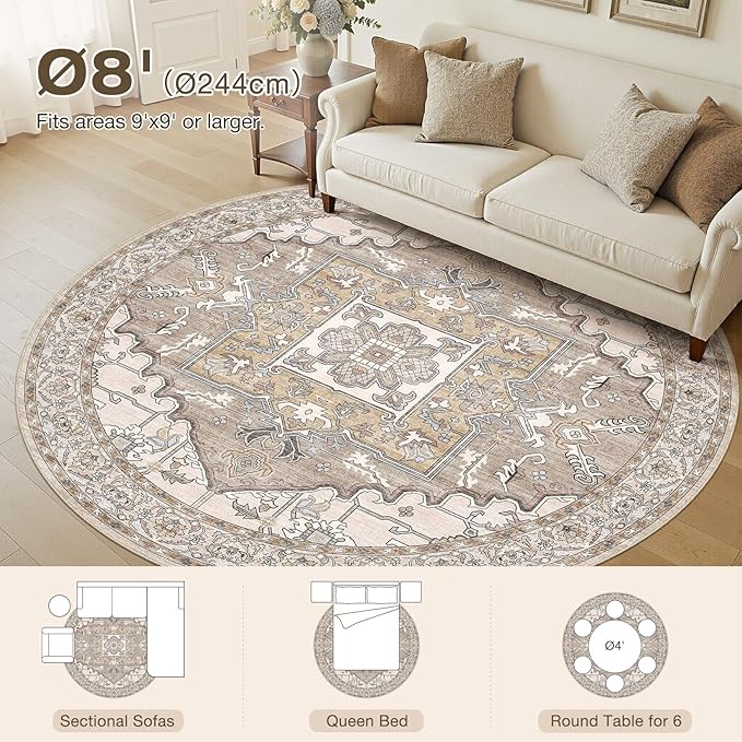 8ft Round Rug for Living Room: 8x8 Washable Vintage Brown Area Rug, Large Non Slip Soft Stain Resistant Indoor Floor Carpet for Bedroom Dining Decor Home Office Kid & Pet Friendly