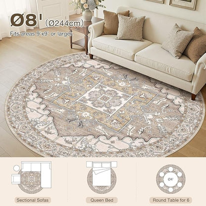 8ft Round Rug for Living Room: 8x8 Washable Vintage Brown Area Rug, Large Non Slip Soft Stain Resistant Indoor Floor Carpet for Bedroom Dining Decor Home Office Kid & Pet Friendly