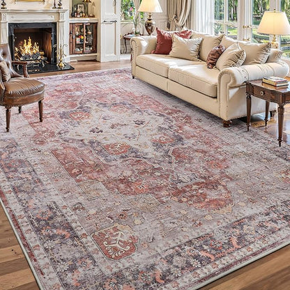 YOH Boho Washable Rug 6x9, Rust Red Vintage Non Slip Area Rug, Distressed Indoor Carpet for Living Room Bedroom Kitchen Office