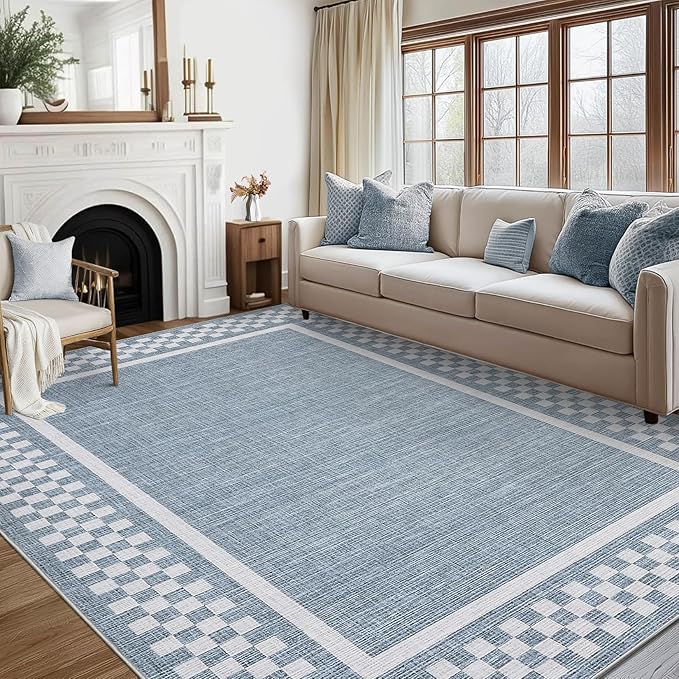 GarveeHome Washable Area Rug 4x6 Small Living Room Rugs Modern Bordered Soft Dining Room Throw Carpet Low Pile Non Slip Checkered Bedroom Rug Geometric Carpet for Nursery Kitchen Home Office, Blue