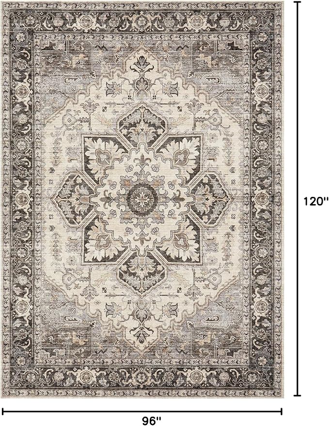 Area Rug for Living Room - 8x10 Soft Machine Washable Oriental Vintage Floral Distressed Large Indoor Floor Carpet for Bedroom Under Dining Table Home Office Decor - Grey Brown