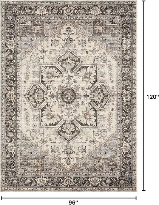 Area Rug for Living Room - 8x10 Soft Machine Washable Oriental Vintage Floral Distressed Large Indoor Floor Carpet for Bedroom Under Dining Table Home Office Decor - Grey Brown