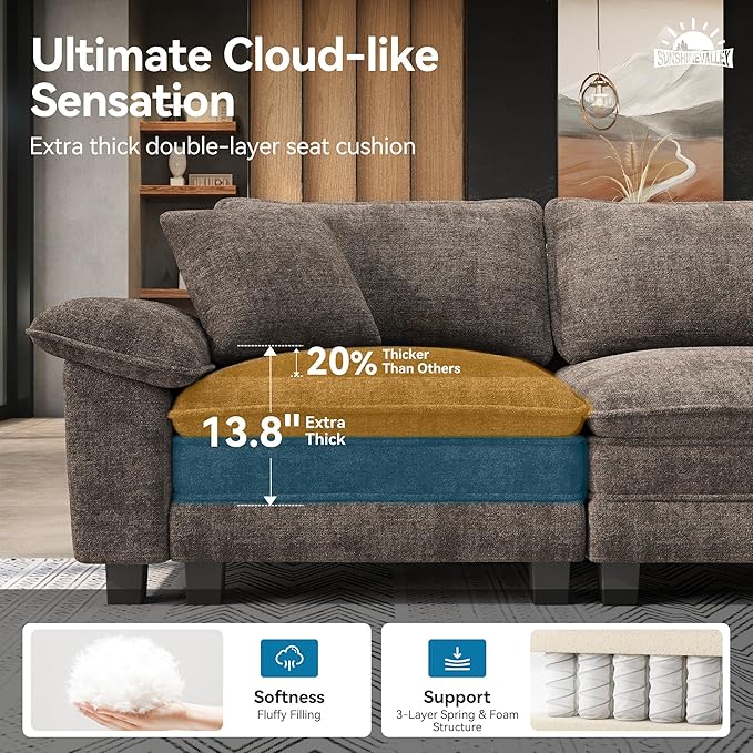 SUNSHINE VALLEY U Shaped Modular Cloud Couch, 123.6'' Comfy Chenille Sectional Sofa with Wider Armrest and Ottoman, Upholstered 5-Seat Modern Deep Seat for Bedroom Living Room, Taupe Gray