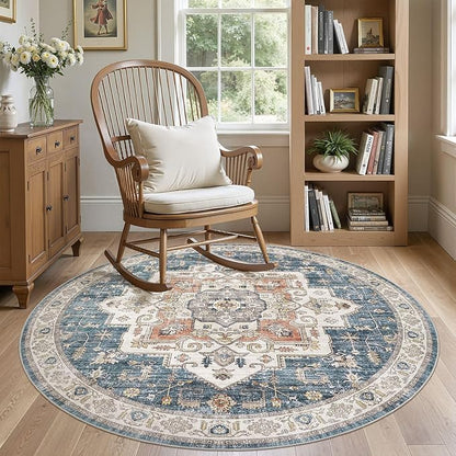 6x6 Round Area Rugs Washable Vintage - Soft Traditional Rugs for Living Room Large Non Slip Backing with Low Pile Farmhouse Oriental Retro Carpet for Bedroom Dining Room or Home Office - Blue
