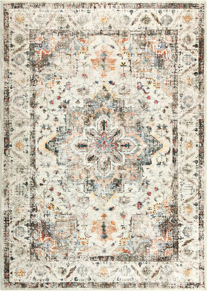 YOH Boho Washable Rug 5x7, Vintage Multi Non Slip Area Rug, Distressed Indoor Carpet for Living Room Bedroom Kitchen Office