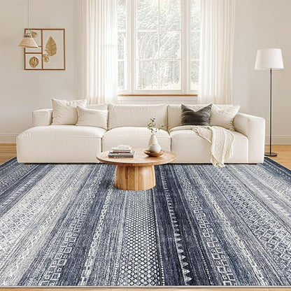 Nakagishi Area Rugs 9x12 Living Room Rug: Washable Boho Large Neutral Modern Soft Stain Resistant Indoor Floor Non-Slip Moroccan Accent Carpet for Bedroom Nursery Kid Playroom Office Dining Room- Blue