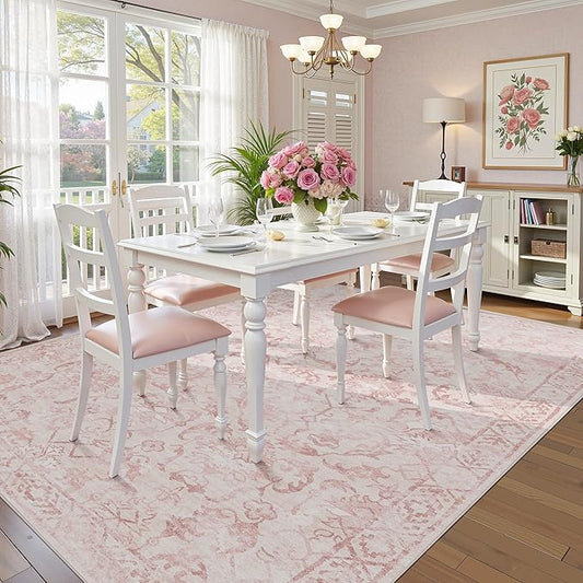 Pink Area Rugs 5x8 for Living Room, Washable Vintage Rugs for Bedroom, Light Pink Throw, Non Slip Carpet for Bedroom Dining Nursery